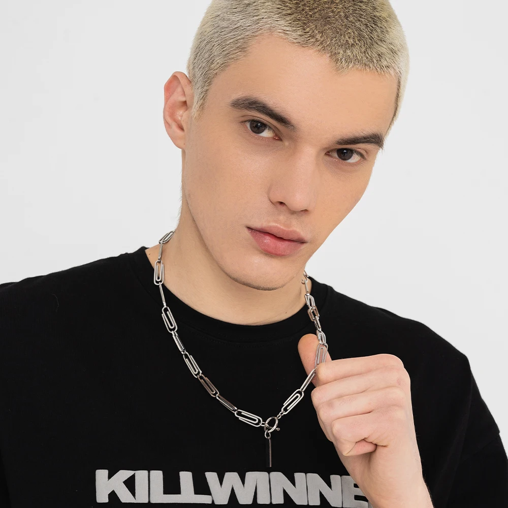 Killwinner Unisex High Street Style Trend Titanium Steel Simple Paper Clip Design Necklace for Men