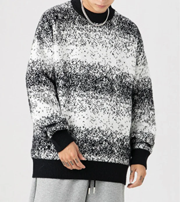 Streetwear Male Knit Sweater Men Striped Jacquard Print Autumn Winter Oversized Sweaters