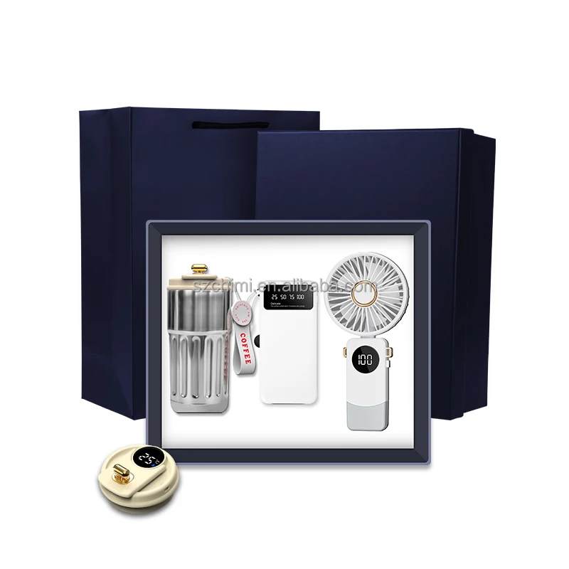 Custom print promotional business gift temperature display mug + foldable fan + Power bank retirement gifts 2025 gift set