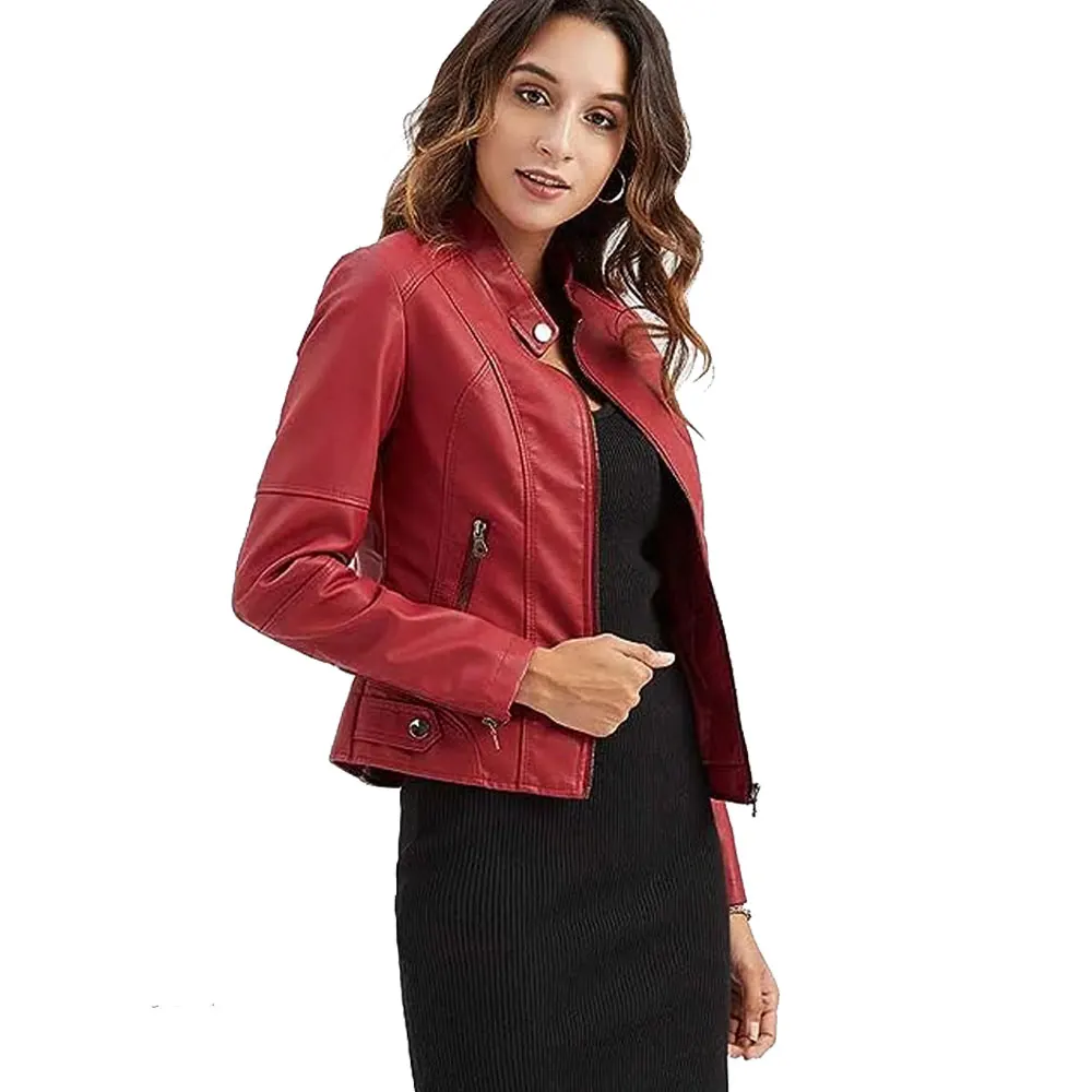Red Women Leather Jacket  Long Jackets Custom Wholesale Fashion Women Coats Motorcycle Cropped Ladies Leather Jacket Coat