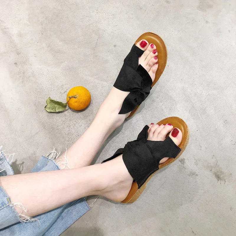 SD-71 2020 Vintage suede bow cross strap open toe slipper for women with soft cork sole ladies beach sandals wholesale