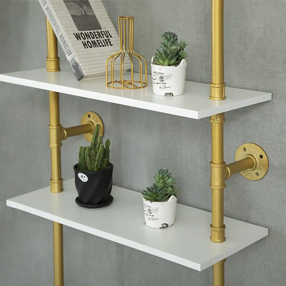 Industrial Gold Bookshelf-6 Tier Wall Mounted Ladder Bookshelf Rustic Gold Storage Book Shelves Display Bookcases for Living Ro