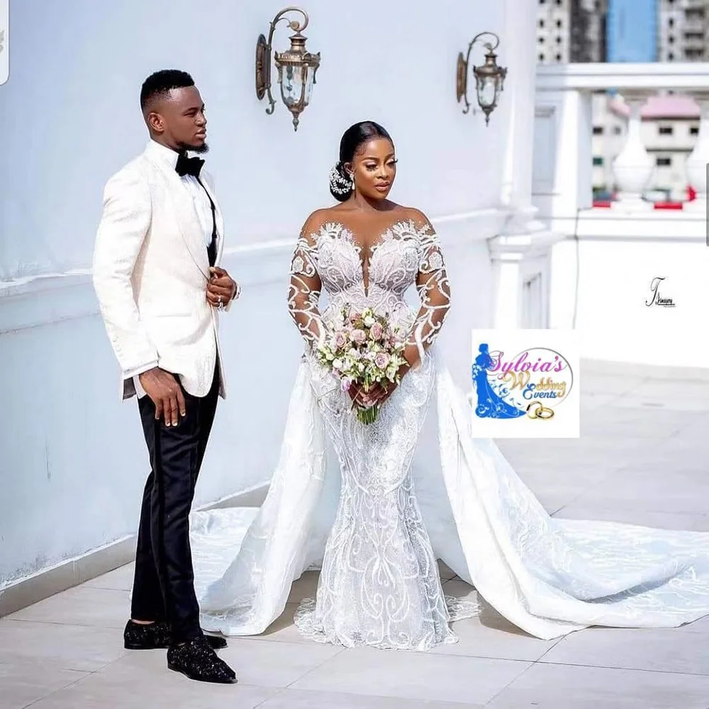New Design Beading African Wedding Dresses Long Sleeve Sheath Bridal Gowns With Detachable Tail