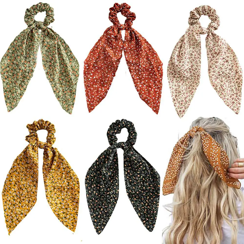 Women Floral Satin Large Ribbon Scrunchy French Ladies Hair Elastic Boutique Hair Accessories Wholesale