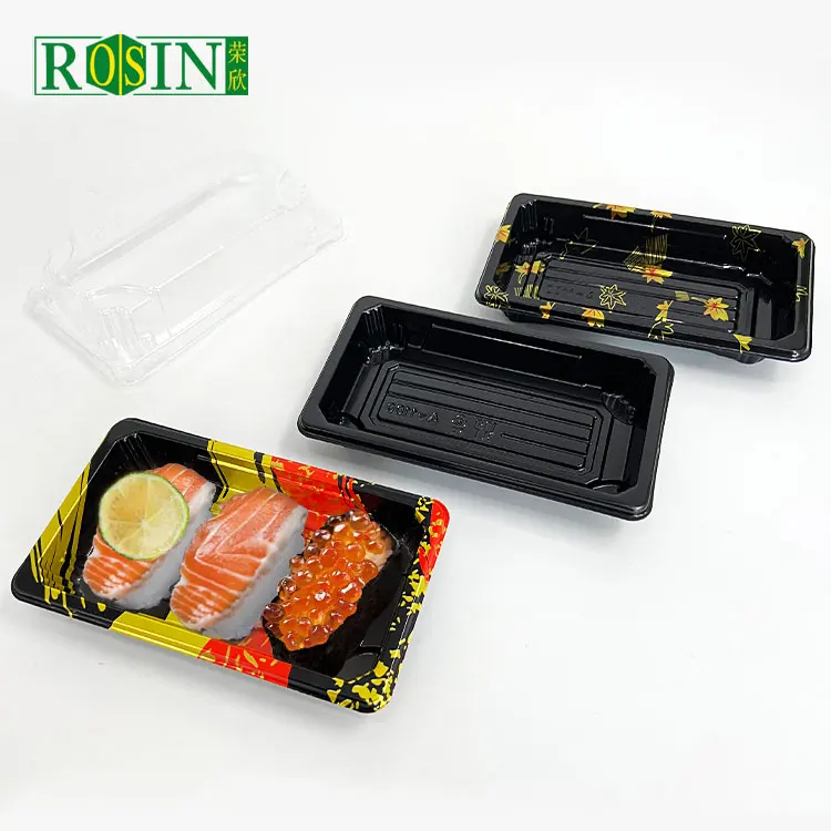 Custom Disposable japanese pack packaging biodegradables takeaway black square container to go box plastic sushi tray with lid