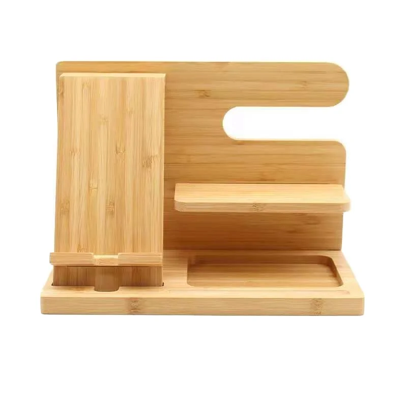 Bamboo Wood Phone Docking Station Key Holder Wallet Stand Watch Organizer and Accessories