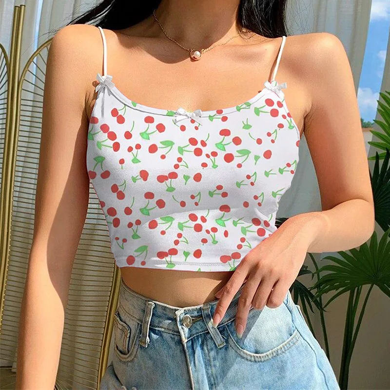 Wholesale Cheap New Women Print Tube Crop Top Sexy Spaghetti Straps Camisoles White Tank Tops
