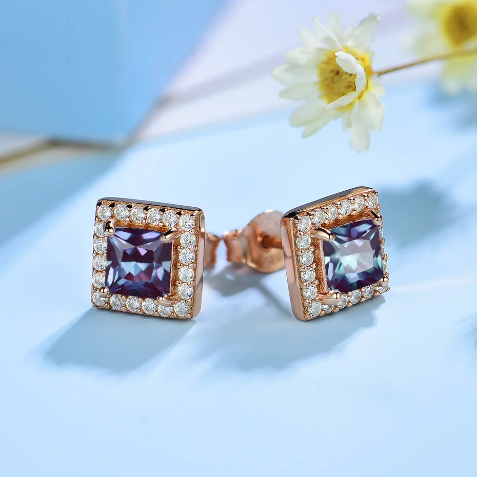 
585 rose gold lab grow Alexandrite Gemstone Stud Earrings for Women Solid 925 Sterling Silver color change Topaz Amethyst 