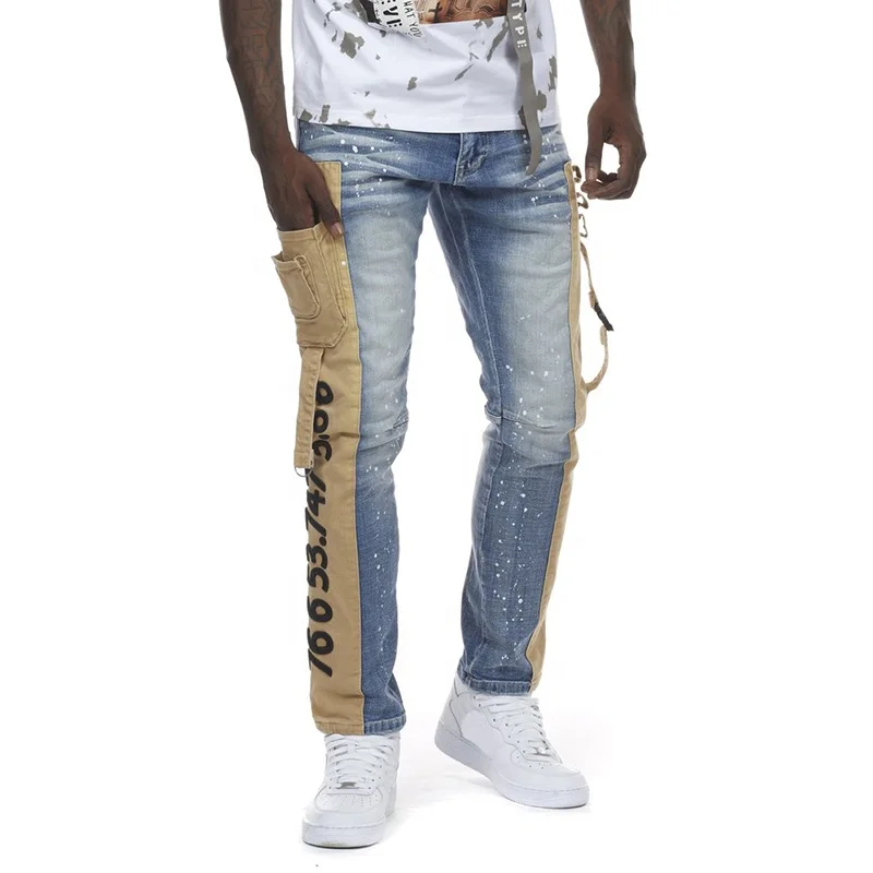 YUEGE Custom Style Jean For Man Spot Dot Ribbon Two-Color Splicing Patched Multi-Pocket Denim Jeans Men