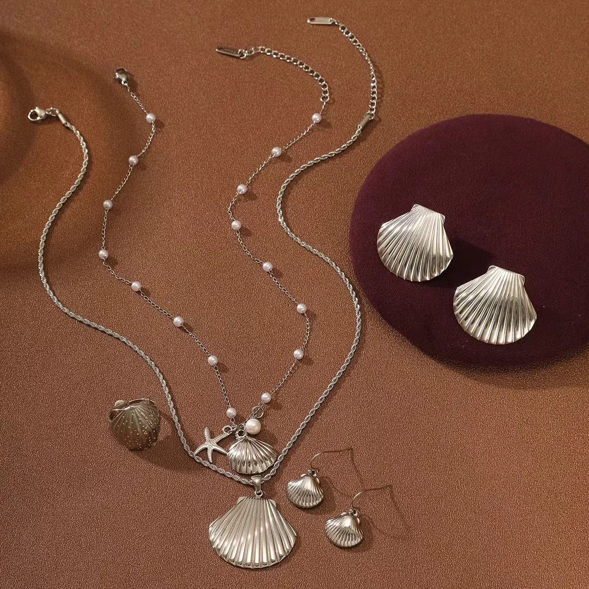 18K Gold Plated Stainless Steel Sea Shell Earring Ring Necklace set Beach Theme waterproof non tarnish jewelry