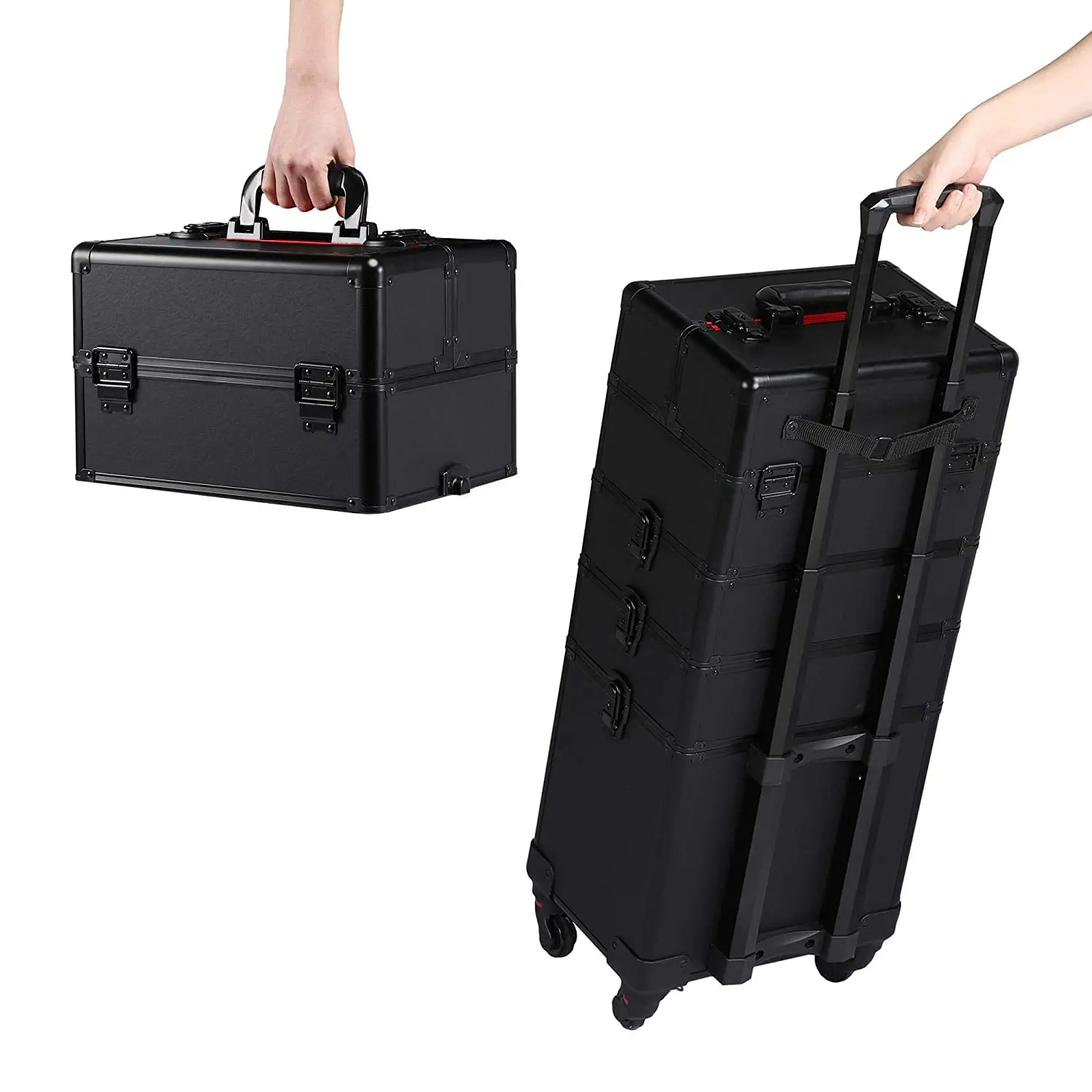 4 in 1 Premium Makeup Train Case 4 Wheels Rolling Cosmetic Trolley Lock Pull Rod Travel Artist Suitcase Portable