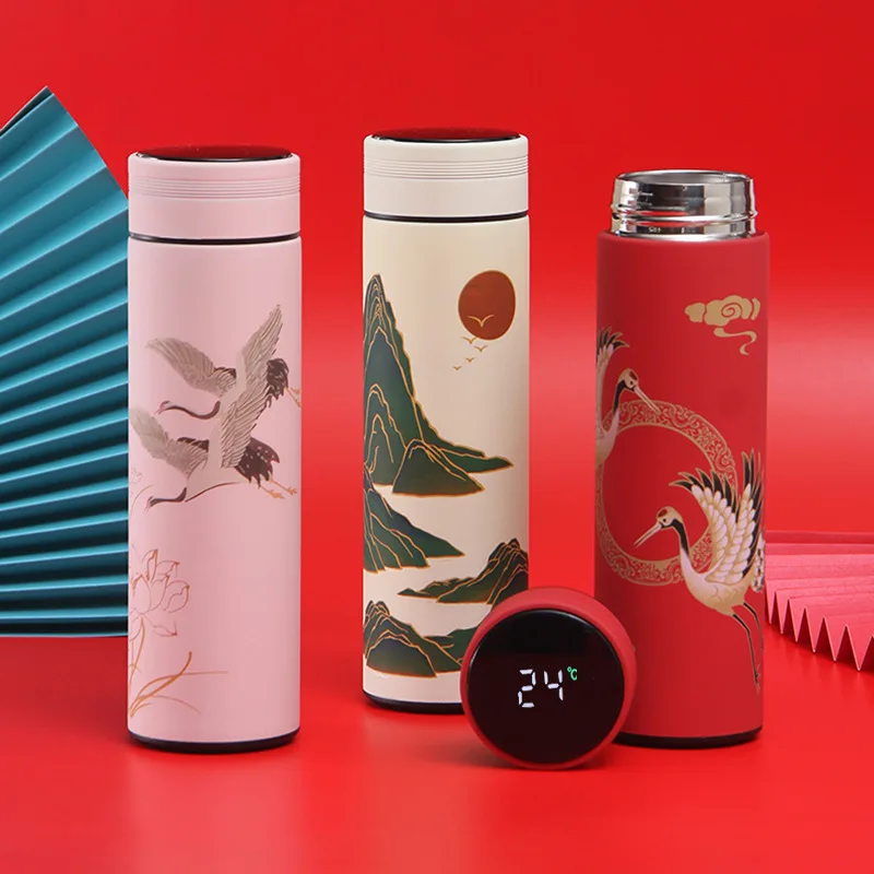 2022 Chinese Painting Style Crane Mountain lotus Stainless Steel thermos Temperature Display Smart Water Bottle