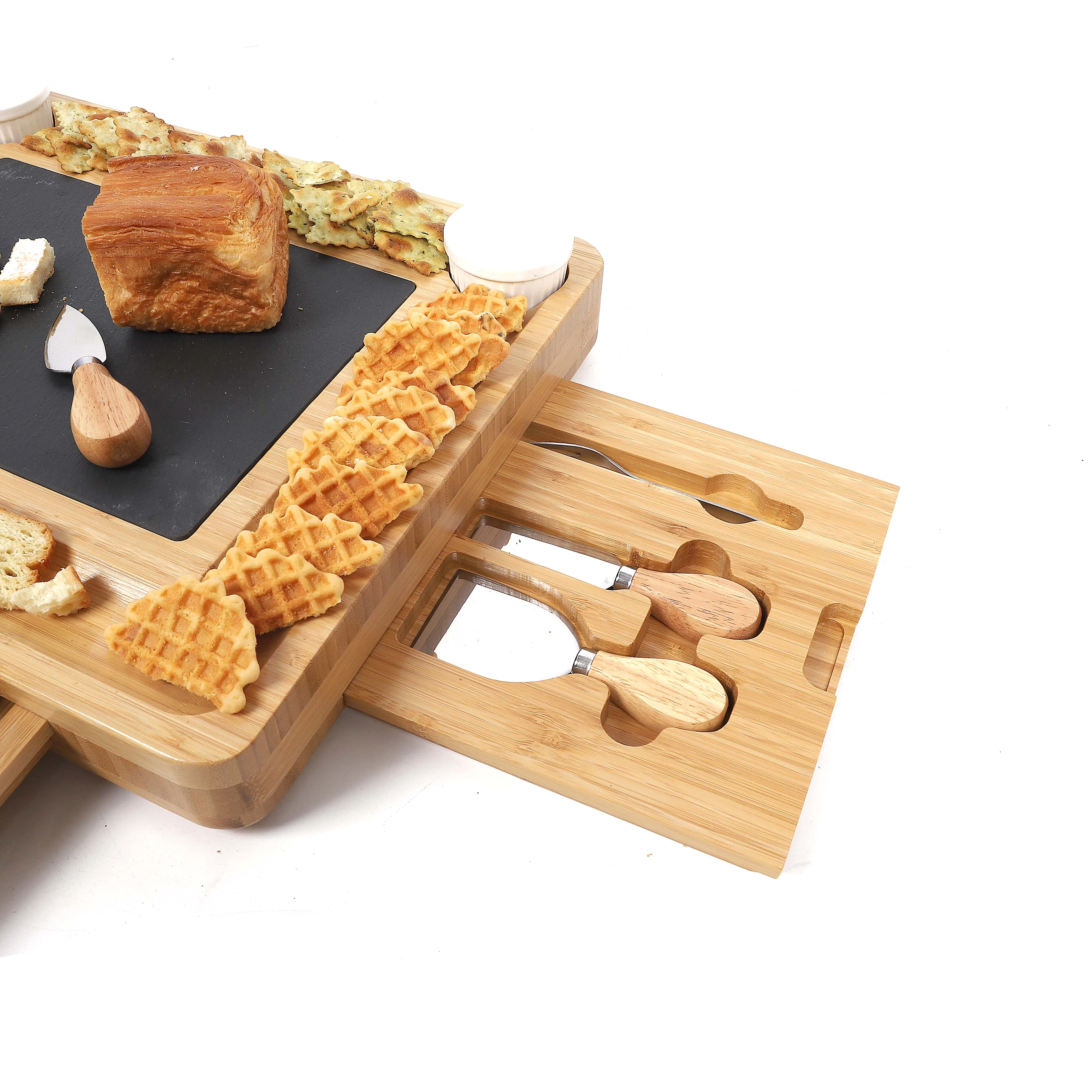 Bamboo Wine Cheese Serving Tray Handles Plus Drawer Cheese Knives cutting kitchen chop board with knife