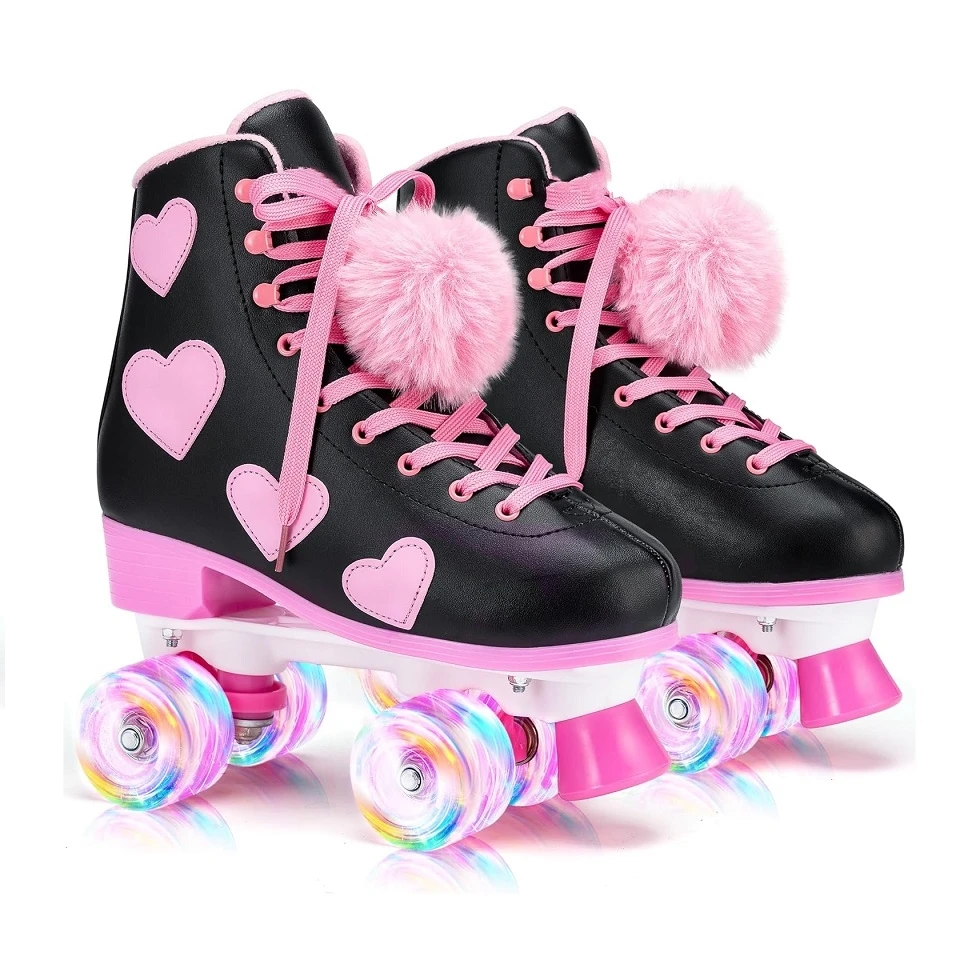 Manufactures Black Quad Flashing Roller Skate Shoes LED Light Up PU Wheels Patines Para Nias
