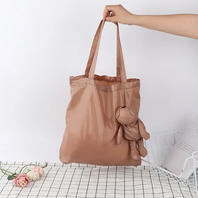 Custom recycled reusable bear doll shopping bags with logos foldable polyester nylon gift bags eco storage grocery tote bag