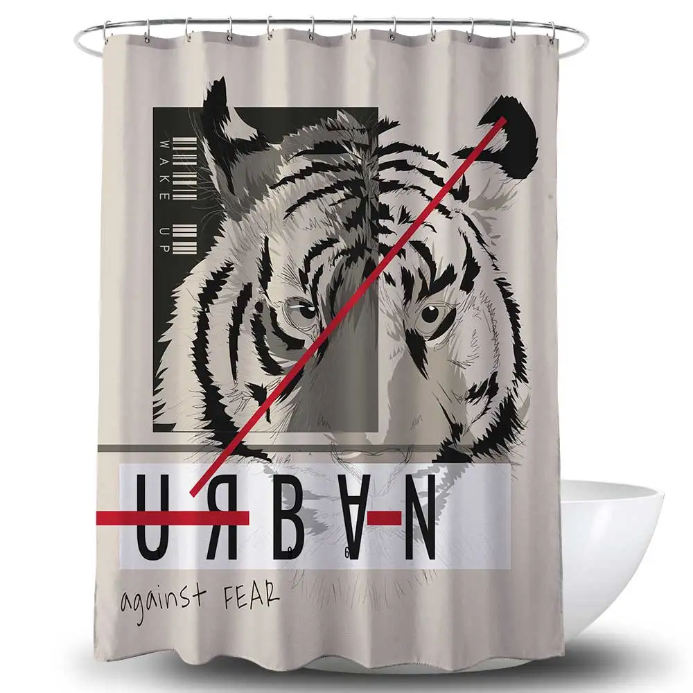 Amazon 3D Shower Curtain Liner Mildew Resistant Anti- Bacterial Polyester PVC Hook ,shower Curtain Strap The Public Multi-color