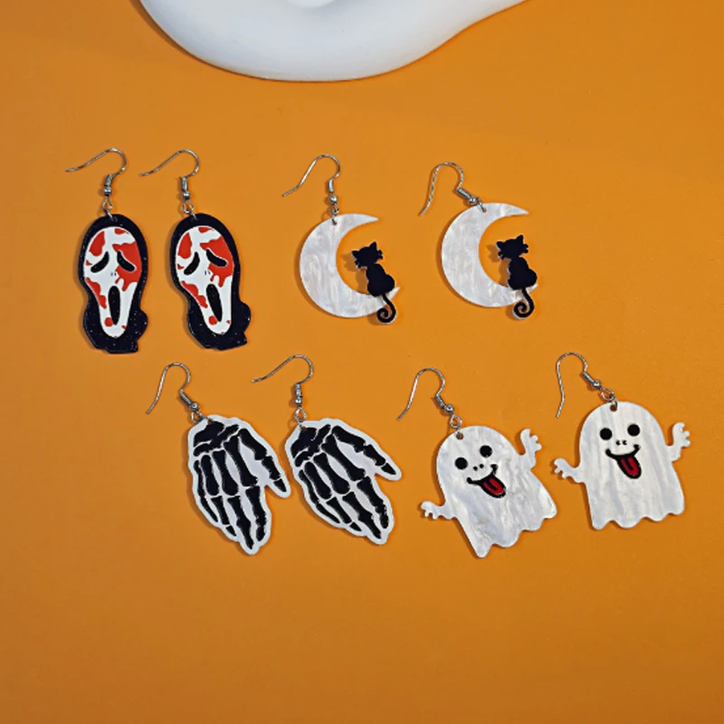 Halloween Oil Drop Pumpkin Black Cat Pendant Earrings Personality Creative Smiley Face Earrings Set For Halloweeb Decoration
