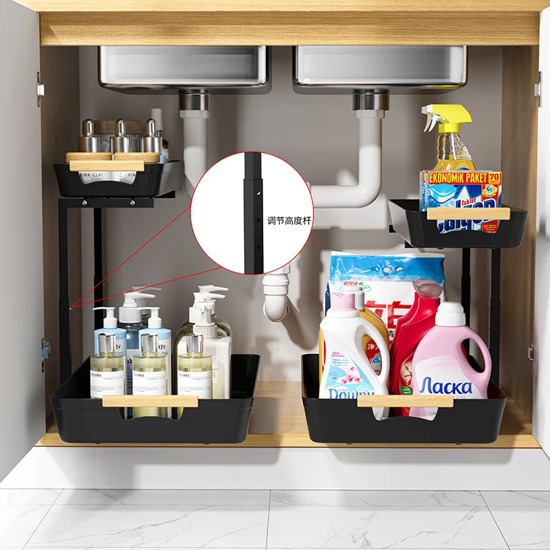 New Products Height Adjustable 2 Tier Sliding Under Kitchen Sink Pull-out Storage Rack Under Sink Organizer With Suction Cup
