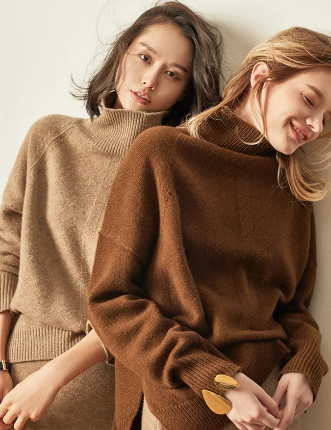 Kingsun OEM ODM sweater high neck turtleneck loose side slip solid color girls wool cashmere sweater winter knitwear for women