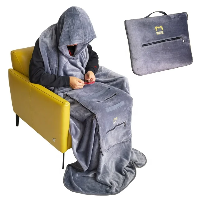 Soft wearable compact airplane 4 in 1 pocket travel pillow blankets with hoodie