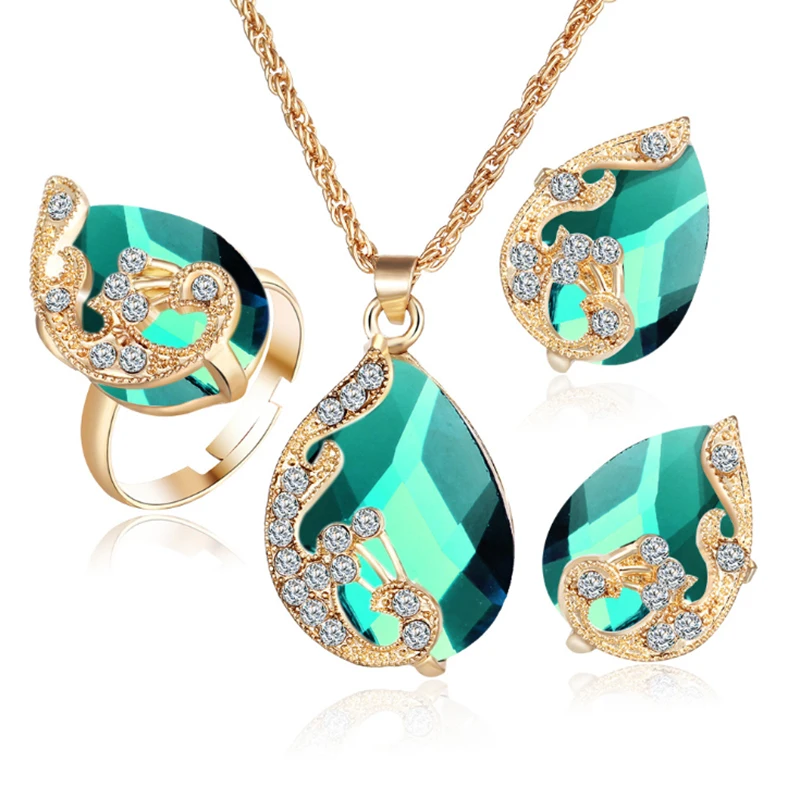 Fashion jewelry set multiple colour crystal drop malachite necklace earrings ring set