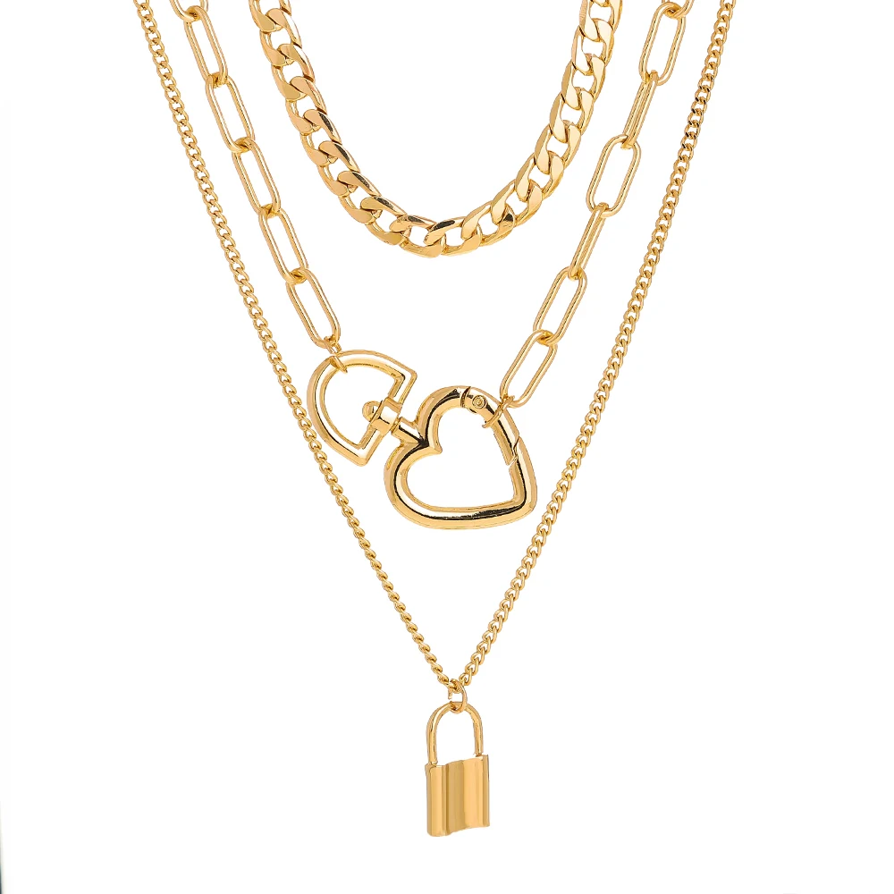
Women Personalised Multilayer Necklace Heart Snap Hook Lock Pendant Layered Pave Chunky Cuban Link Necklaces Gold Jewelry Brass 
