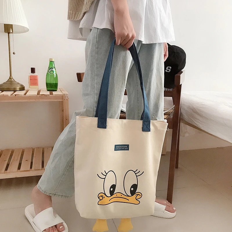 YIMYIK Eco friendly Gift Grocery Reusable Shopping Bag Cute Duck Hand Bag 12oz Canvas Cloth Tote Bag