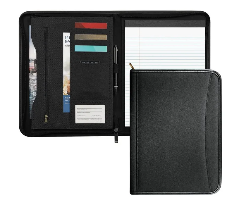 Zippered Portfolio Resume/Document Organizer Case Folder A4 Business Planner Binder for Men Women,Lined Notepad Included, Black