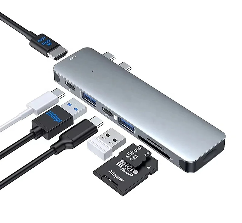 Dual 7 in 1 Hub USB Type C with 4K 60Hz HDMI Adapter Hub 100W Charging 7 Port USB 3.0 Hub for MacBook Air