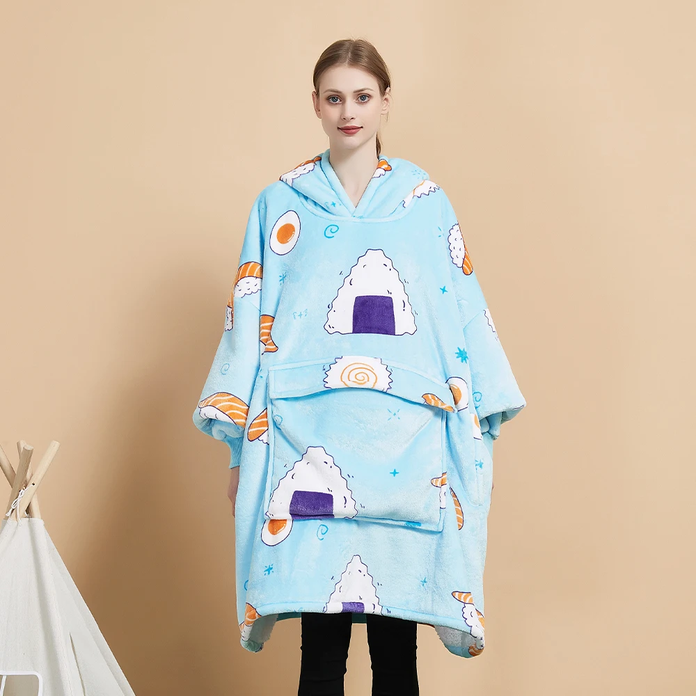 Hot Sell Flannel Sherpa Over Sized Giant Pocket Design Wearable Hooded Free Sample Hoodie Blanket