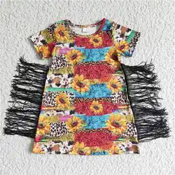 Kids Summer Sunflower Fringe Dress Wholesale Baby Girl Short Sleeve Tassel Floral Leopard Clothing Children Toddler New Clothes