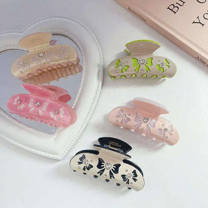 Wholesale custom cute acetate hair claw clips girls rhinestone metal backings bow hair accessories