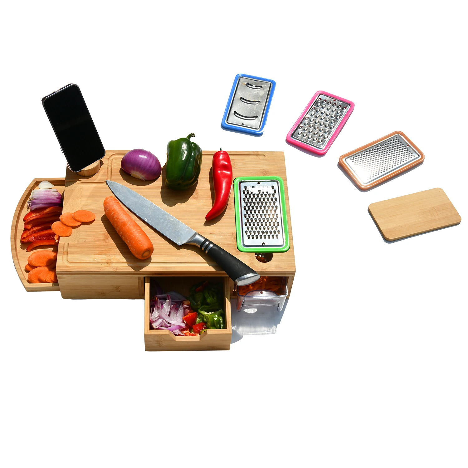 All In One Function Lacquered Bamboo Cutting Board With Containers Acrylic Tray Lid Grater Set Phone Holder