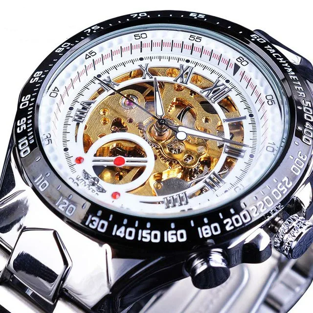 Winner Classic Golden Movement Steel Mens Skeleton Man Wrist Watch Mechanical Top Brand Luxury Fashion Man Automatic Watches