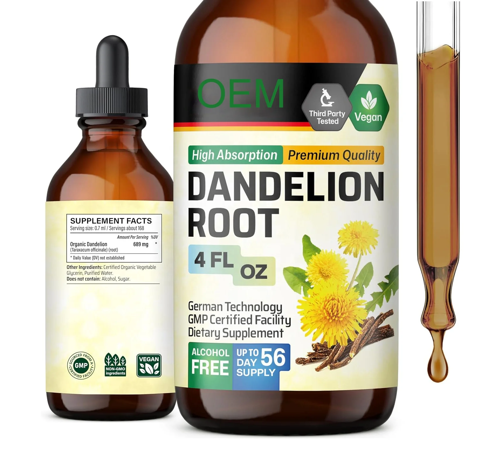 Лидер продаж корневая настойка одуванчика органический жидкий экстракт для очищения пищеварительной функции и иммунитета 4 Fl. Унций