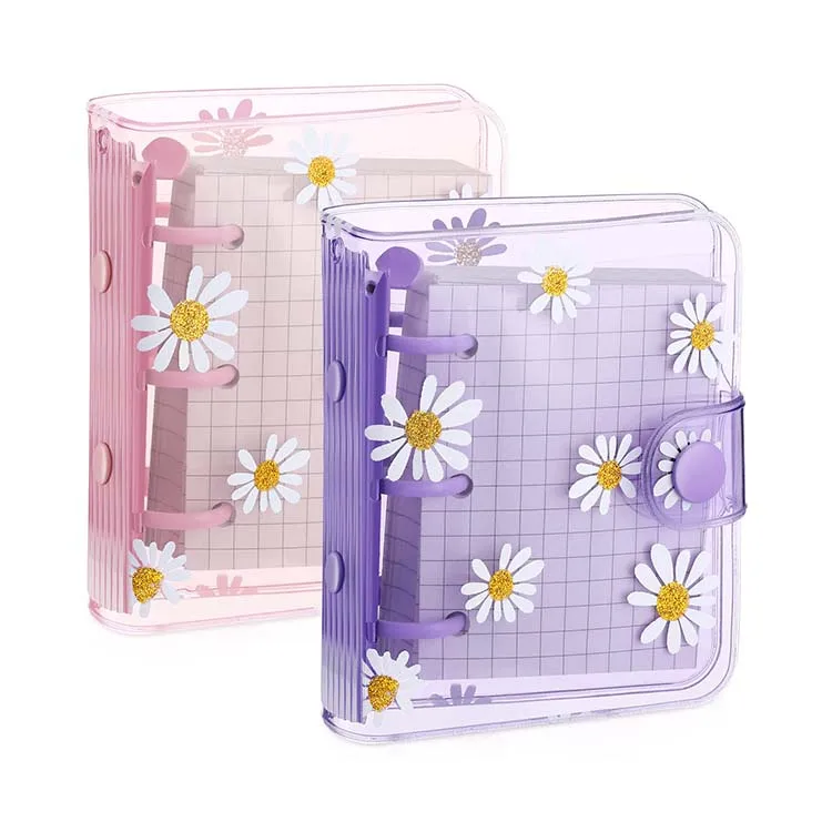 Mini Binder Daisy PVC Notebook Loose Leaf Binder 3 Ring Journal Notebook Round Ring Binder Cover Protector with Inner Paper