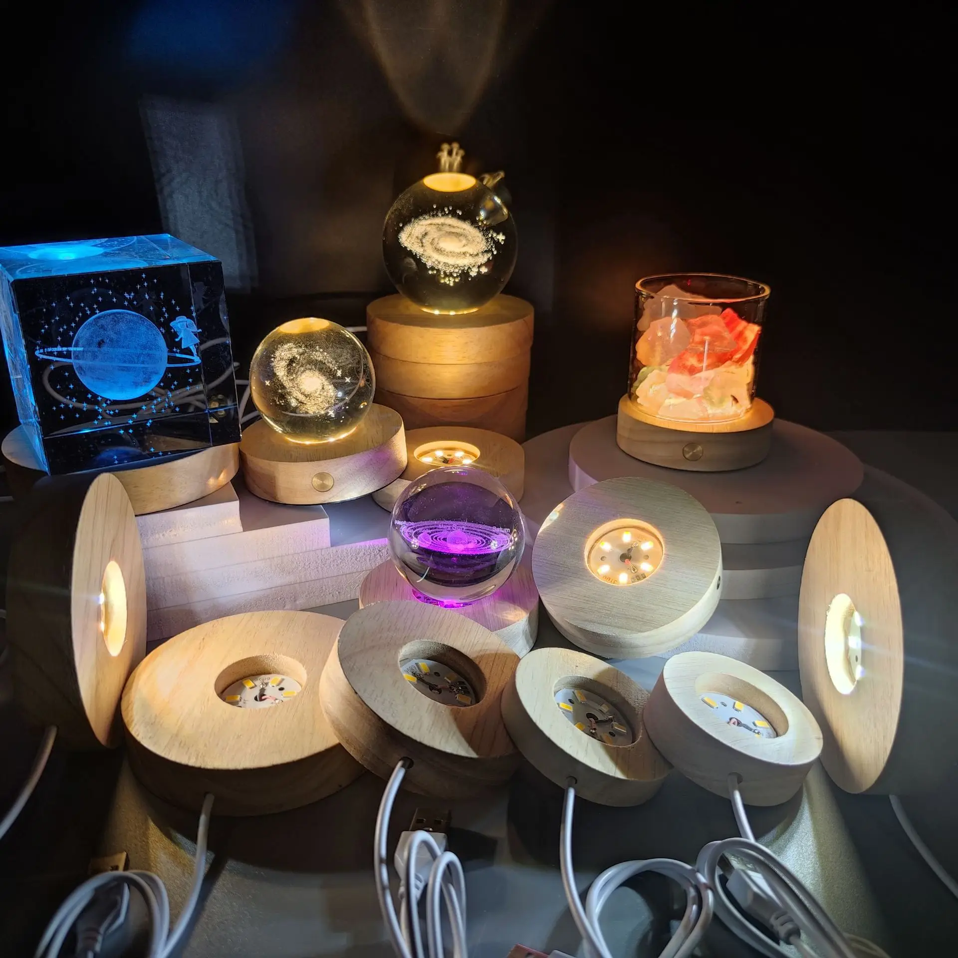 OEM USB Cable Touch switch Led Wood base Remote Control ABS Night Lamp acrylic wooden base lamp led 3d night light base