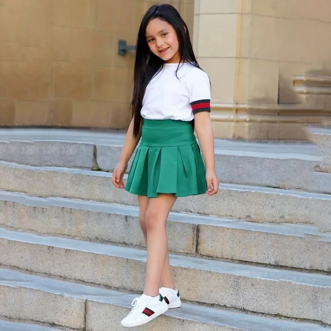 Wholesale Custom Children Clothing Print Short Sleeve T Shirt Pleated Skirt Summer Short Set Kids Girl Outfits