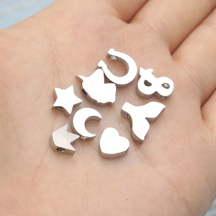 Wholesale Stainless Steel Beaded  Heart Shape Charms Unicorn Star Moon Crown Music Note Horseshoe Fish Tail  for Jewelry Making