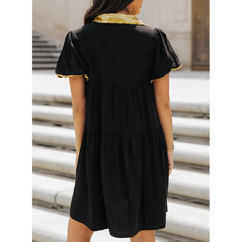 Dear-Lover Wholesale Fast Shipping New Arrivals Game Day Trim Bubble Sleeve Sequin Shirt Dress For Women
