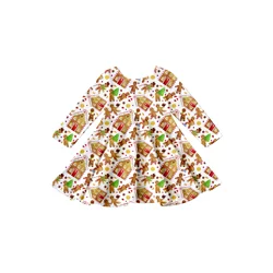 GIrlymax 2022 Christmas Gingerbread Truck Trees Twirl Long Sleeve Knee Length Dresses