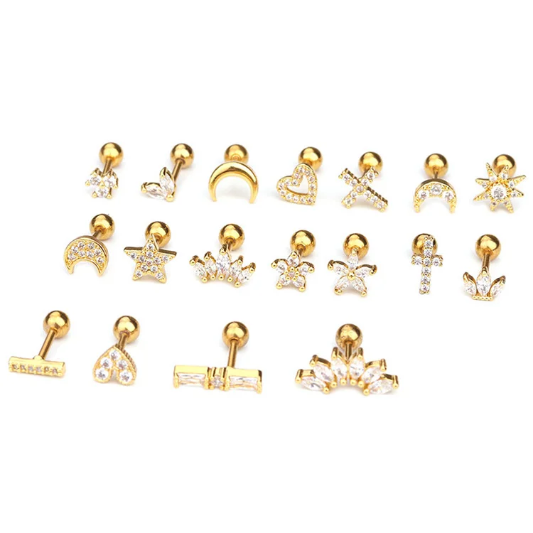 Ear Piercing Jewelry Stainless Steel Silver Gold Crown Heart Moon Star Flower Zircon Earrings Cartilage Piercing Earrings