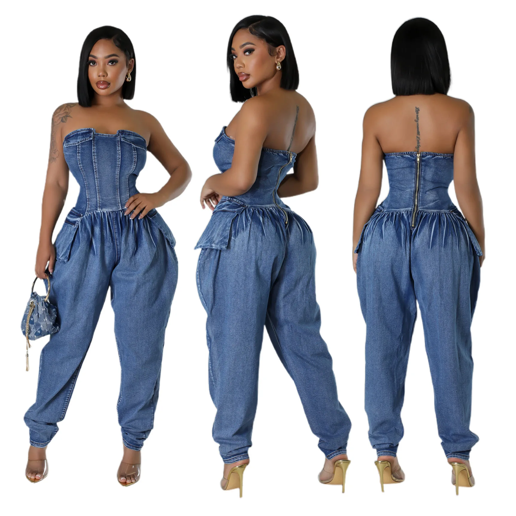 Women Sexy Off Shoulder Matchin Jumpsuits Casual Wide Leg Long Pant Jumpsuits Pocket Zipper Sexy Denim Clothes