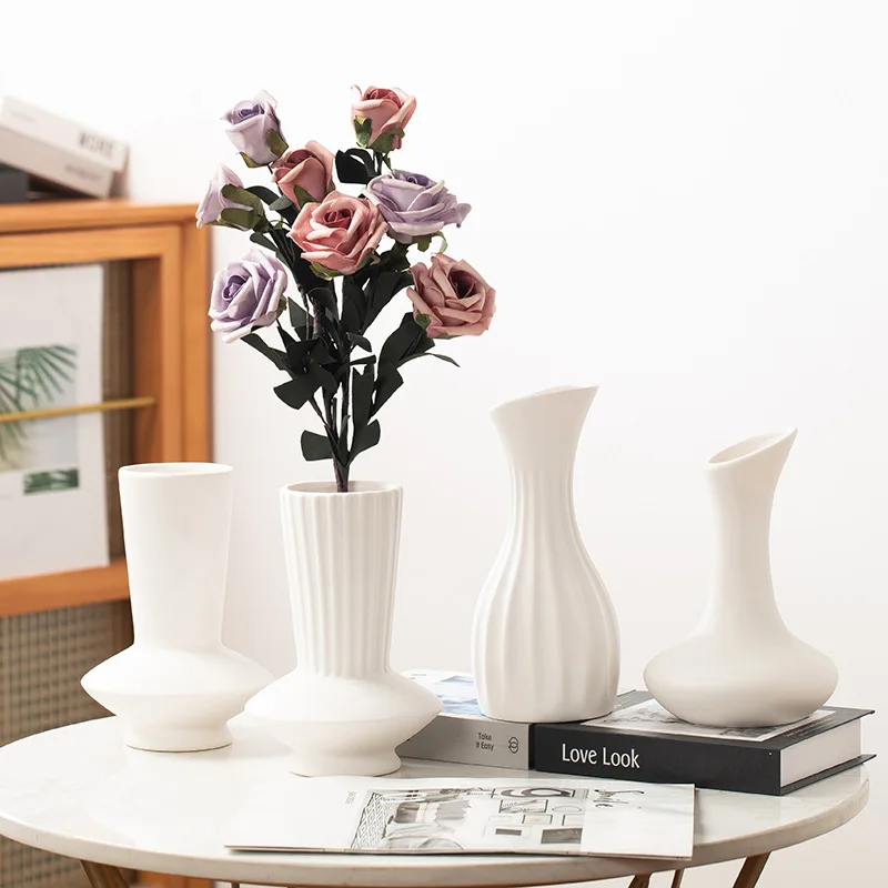 Home Decoration Nordic Style White Ceramic Stoneware Pottery Crockery Tabletop Flower Vases