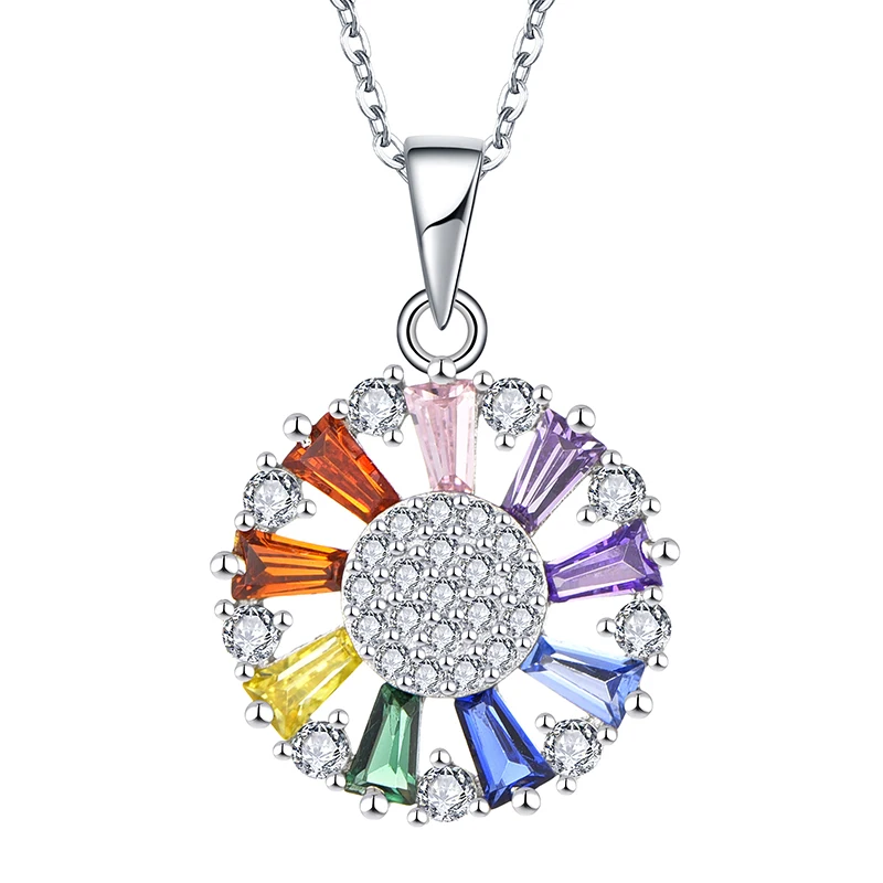 Wholesale Customized Sterling Silver 925 Colour CZ SunFlower Pendant Necklace Fine Jewelry For Women Gift