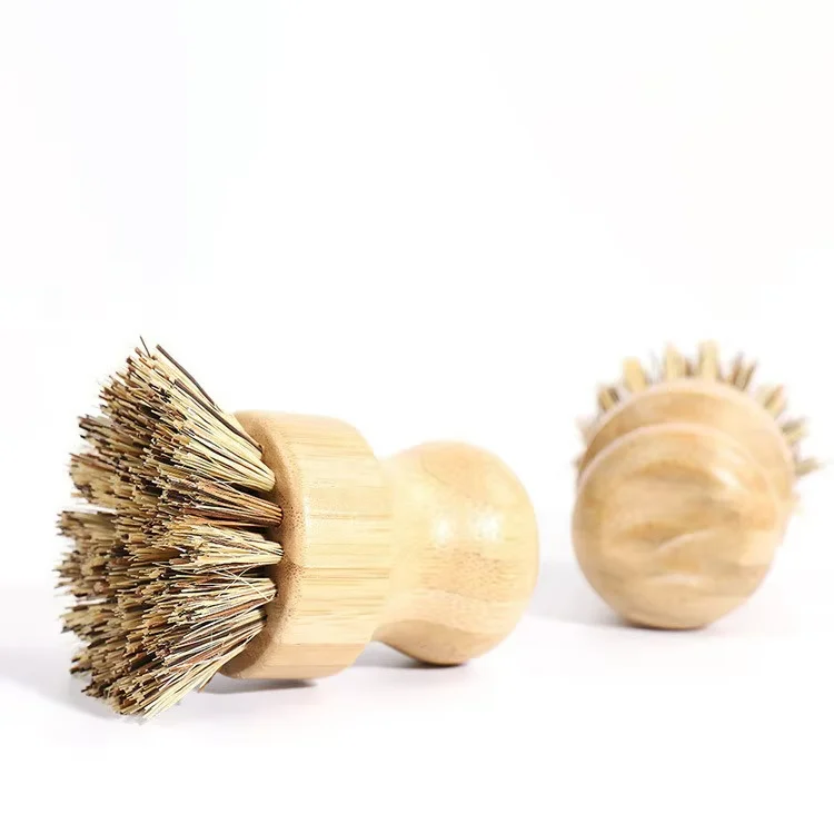 Small Kitchen Cleaning Brush Natural Wooden Bamboo Coconut Fibre with Sisal Hemp Bristle for Pot and Bowl Washing
