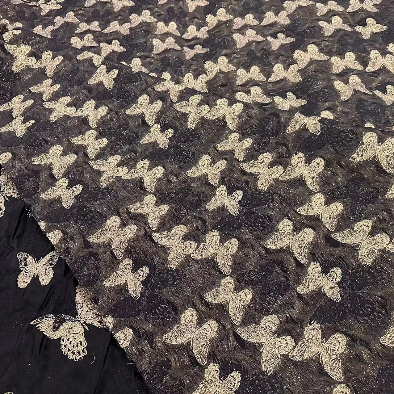 gold silk butterfly jacquard beautiful dress fabric by elegant black dress yarn-dyed shaggy skirt decorative fabric