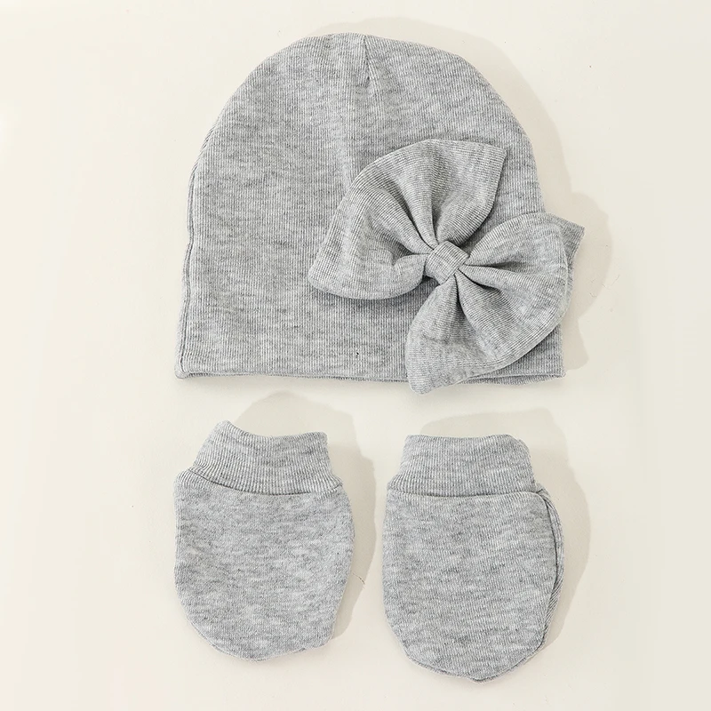 Wholesale Bow Boys Girls Cotton Newborn Babies Knit Soft Knitted Mittens New Baby Hat With Mittens Set