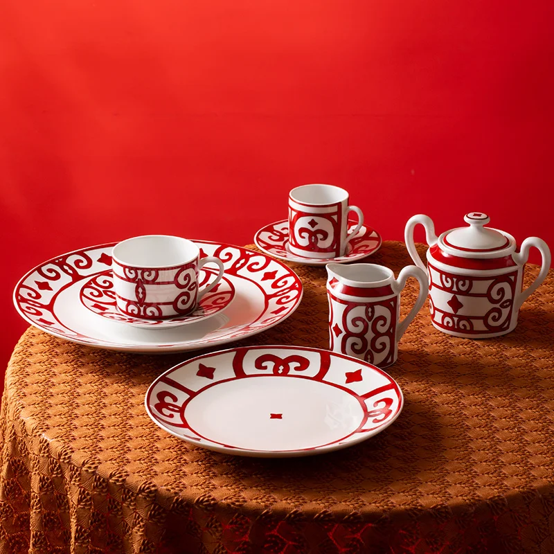 High End Luxury Red lock series Porcelain Coffee Cup And Saucer Tea Cup Ceramic Drinkware Coffee Set For Home Hotel Restaurant