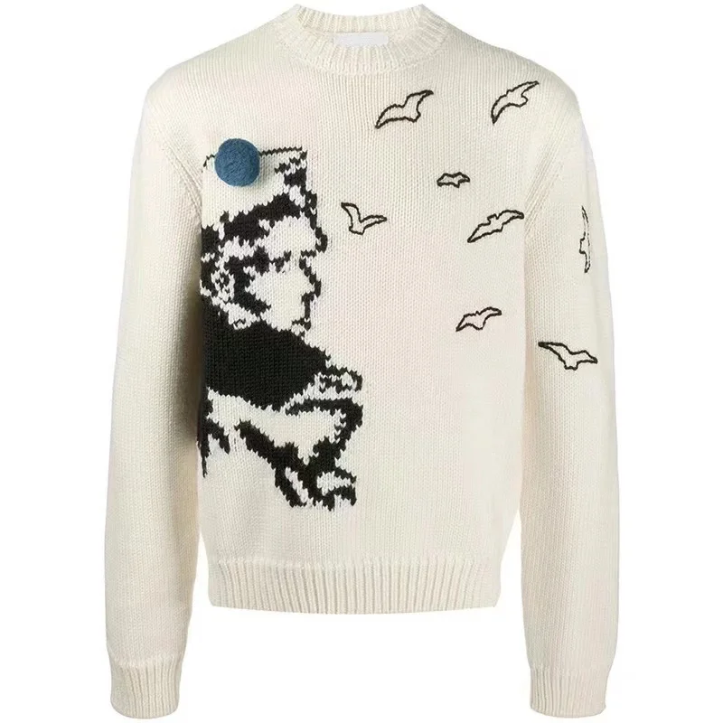 QYOURECLO Custom Logo Knitted Pullover OEM Round Neck Pattern Pullover Jacquard Knit Men Sweaters